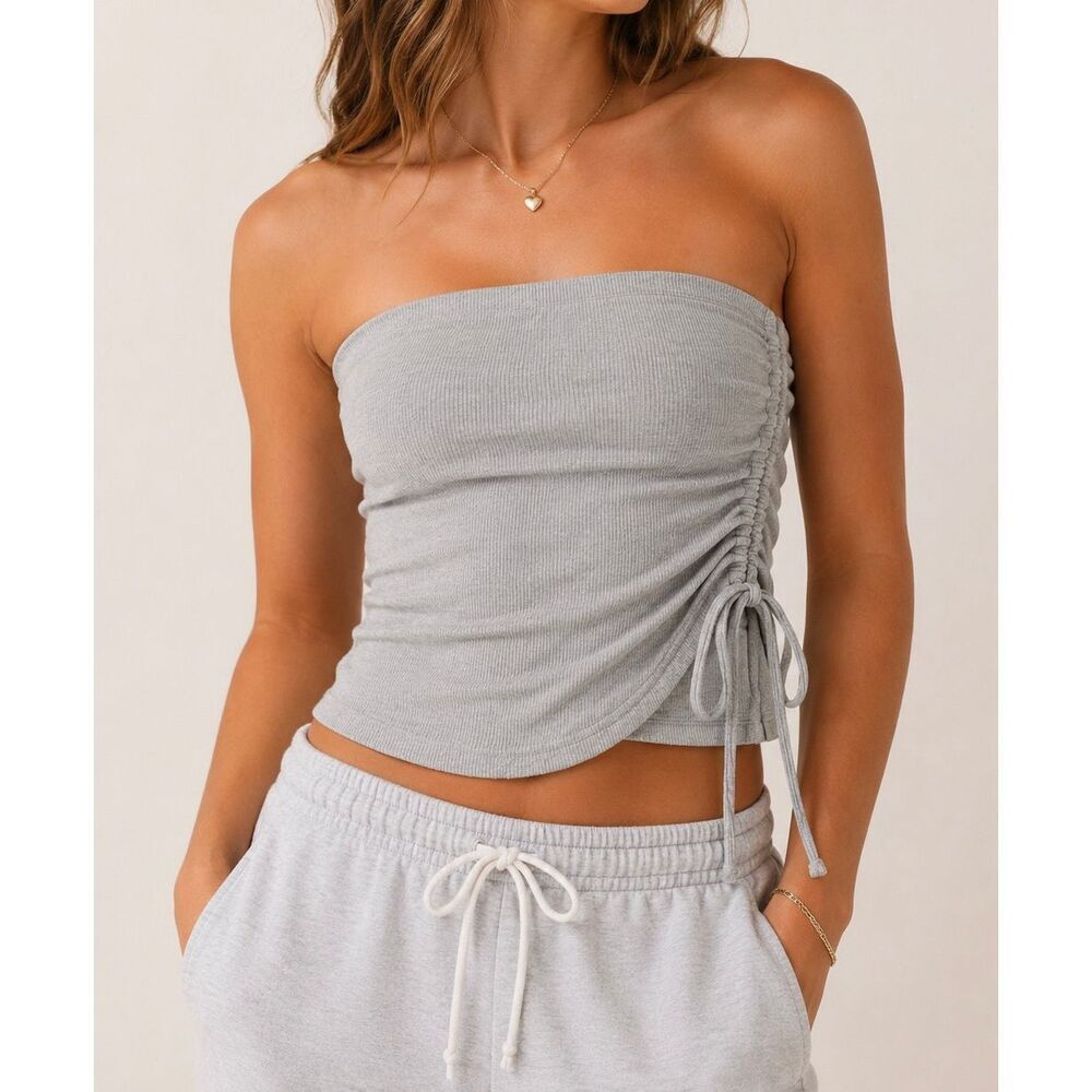 Aerie Gray Ruched Tube Top S Soft Girl Y2K Lounge Going Out